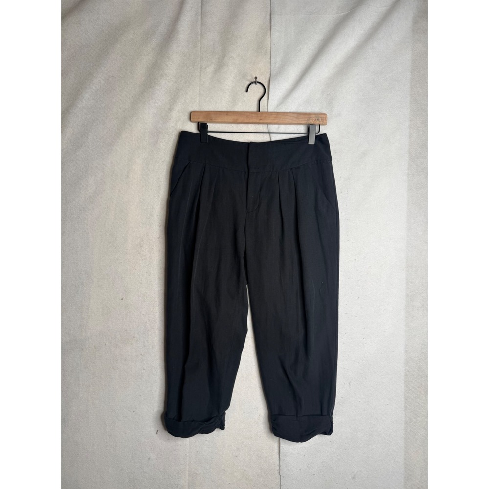 Anthropologie Golden Ratio Black Silk Herringbone Pleated Cropped Pants Size‎ 6
